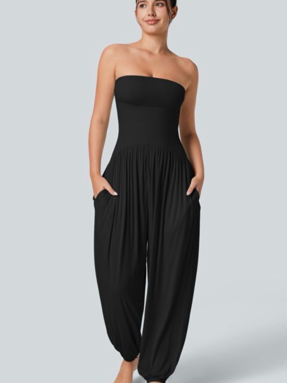 HALARA Strapless Black Harem Jumpsuit with Pockets